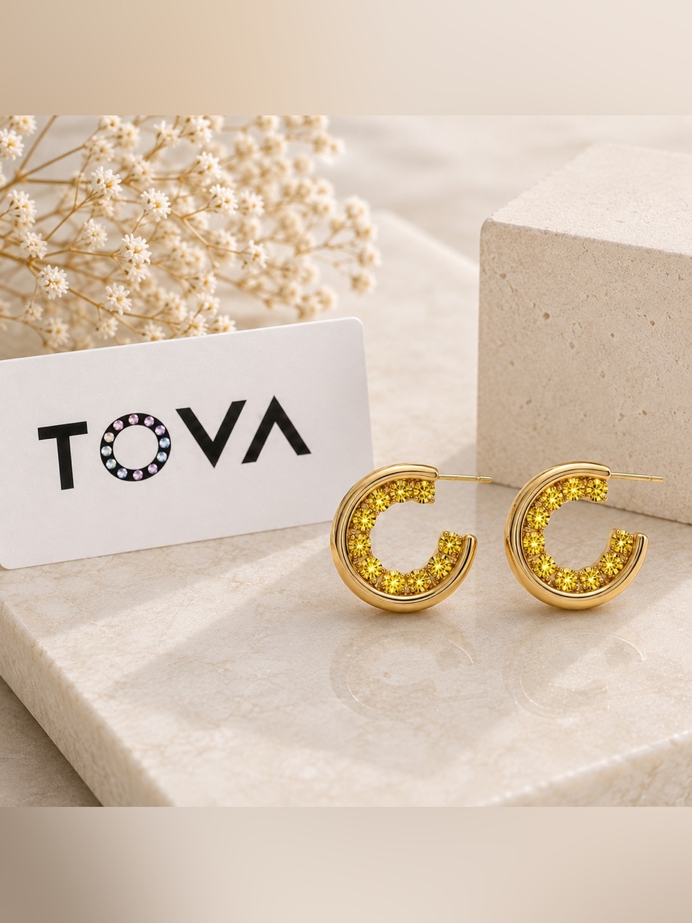 TOVA everyday small Gold Hoop Earrings with inside out Yellow Crystals